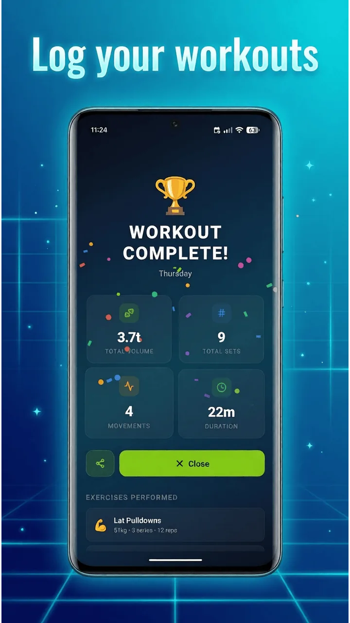 Personal Trainer workout screen with set logging